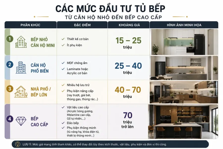 Mức giá làm tủ bếp trọn gói hiện nay dao động tùy diện tích và vật liệu sử dụng.