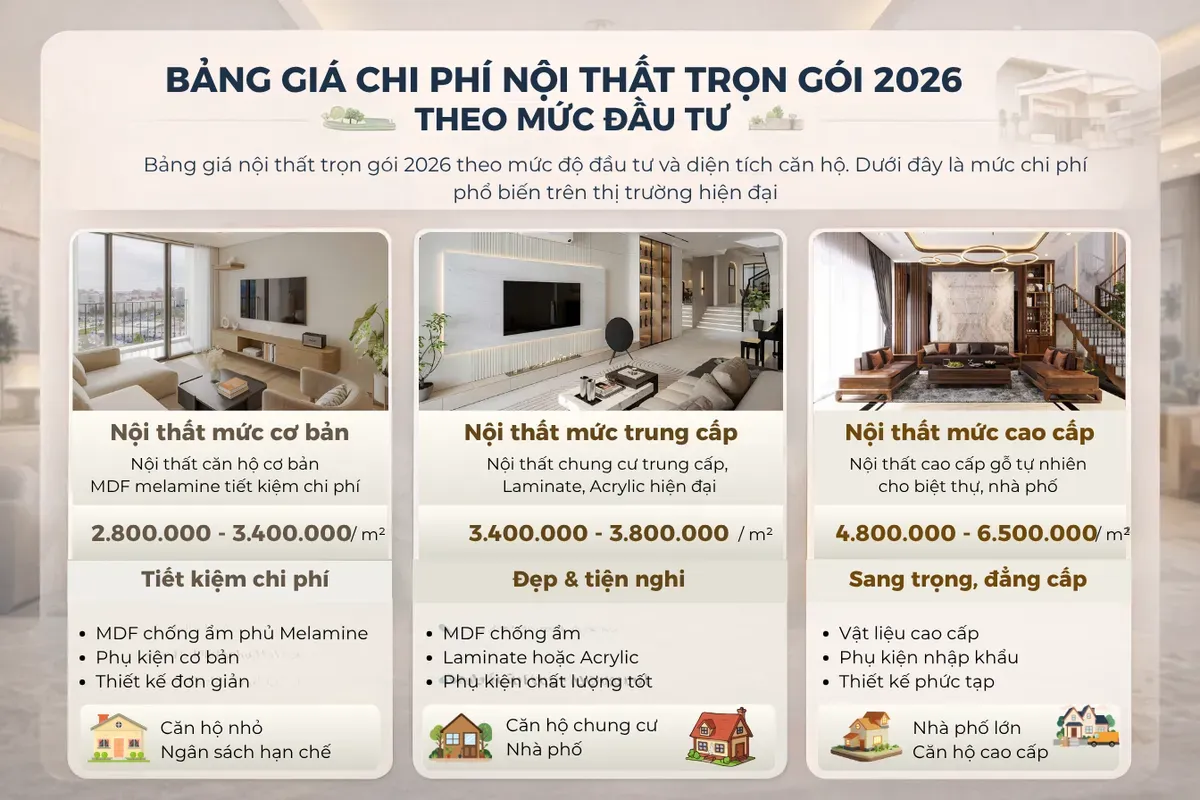 bảng giá nội thất trọn gói 2026 theo m2 các phân khúc
