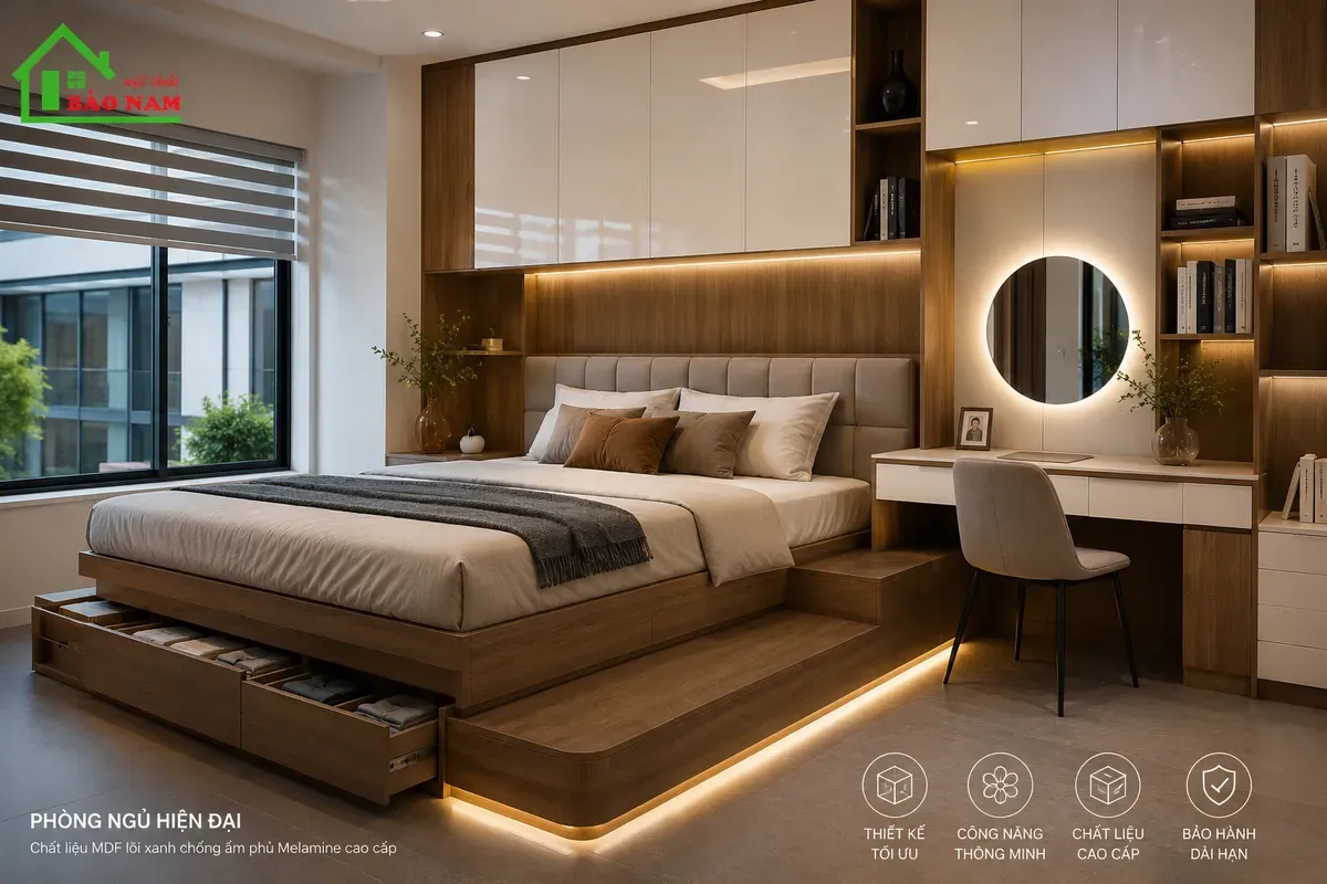 Giá giường giật cấp phụ thuộc vào kích thước, chất liệu MDF, kiểu dáng thiết kế và các tiện ích tích hợp đi kèm.