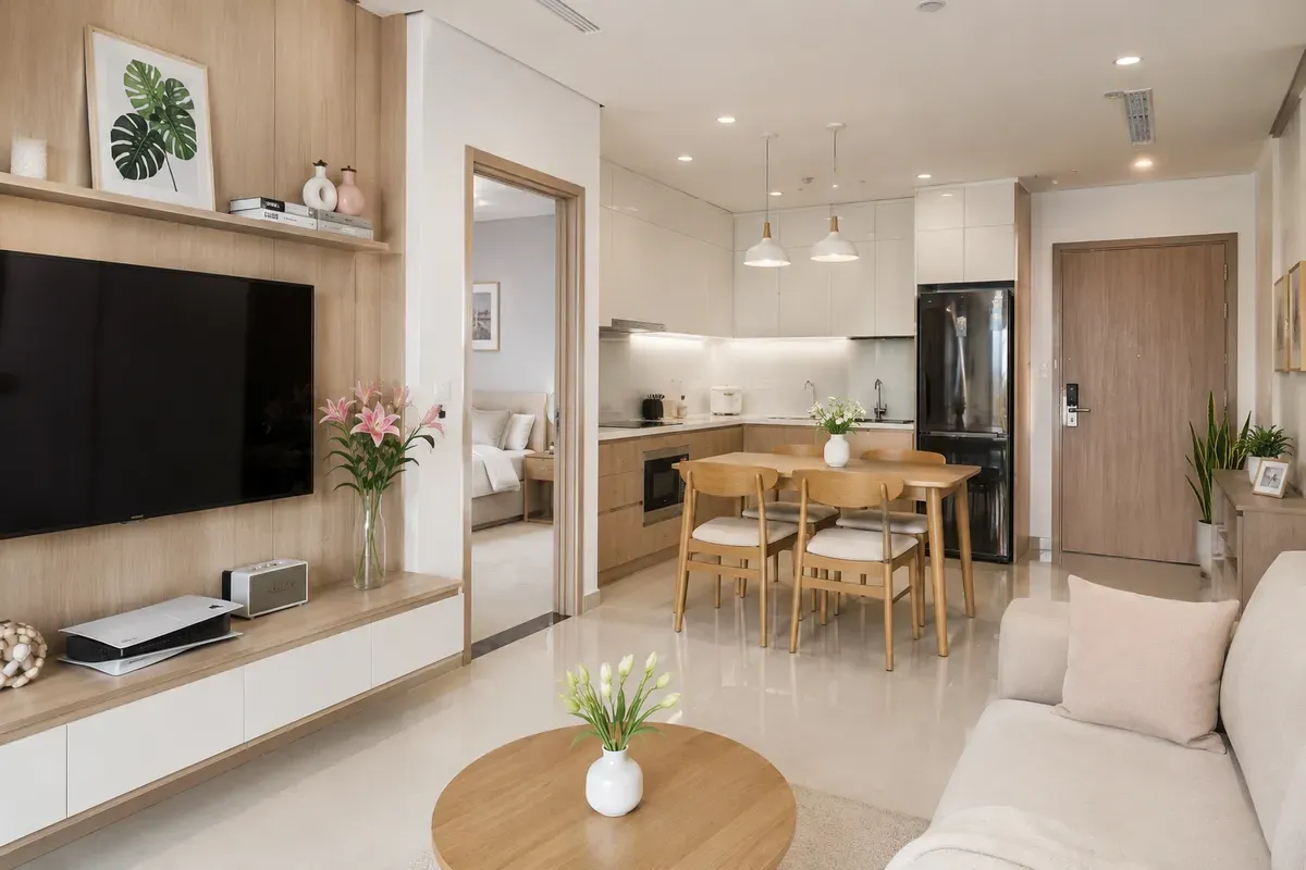 Không gian nội thất căn hộ chung cư 70m² hiện đại với phòng khách, bếp và phòng ngủ được thiết kế đồng bộ.