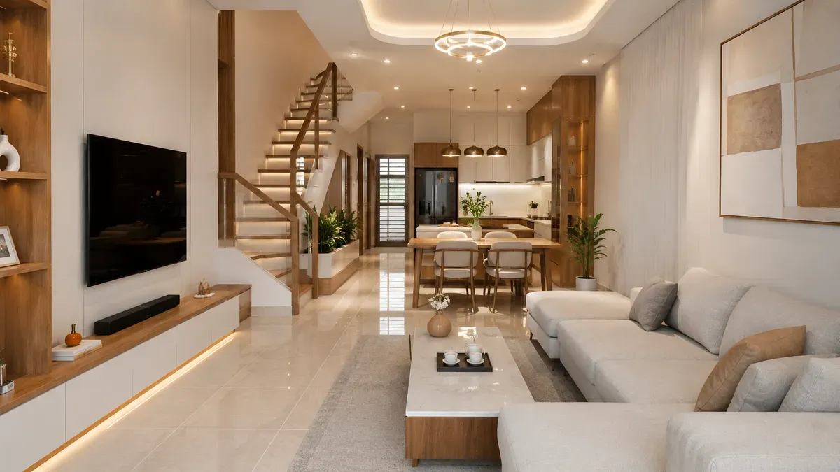Không gian nội thất nhà phố hiện đại với thiết kế đồng bộ, tối ưu công năng và thẩm mỹ.