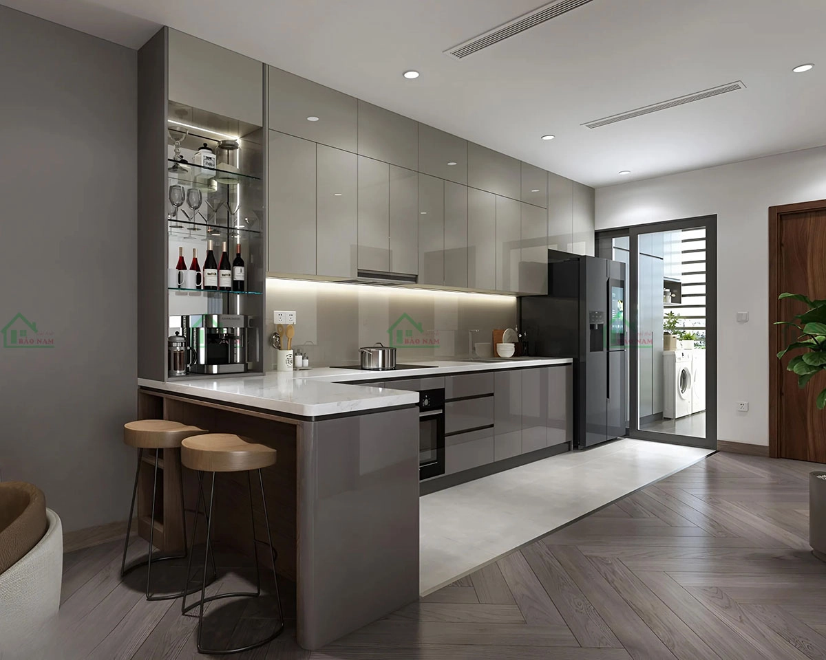 Tủ bếp acrylic kịch trần với bàn bar và tủ rượu sang trọng, tạo không gian bếp đẳng cấp.