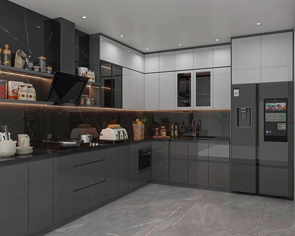 Tủ bếp acrylic màu xám cho nhà phố hiện đại, thiết kế rộng rãi và thoáng đãng.