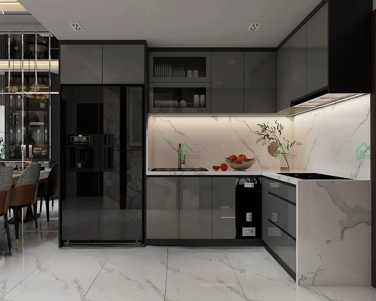 Tủ bếp acrylic hiện đại với bề mặt bóng loáng, mang đến vẻ đẹp sang trọng cho không gian.