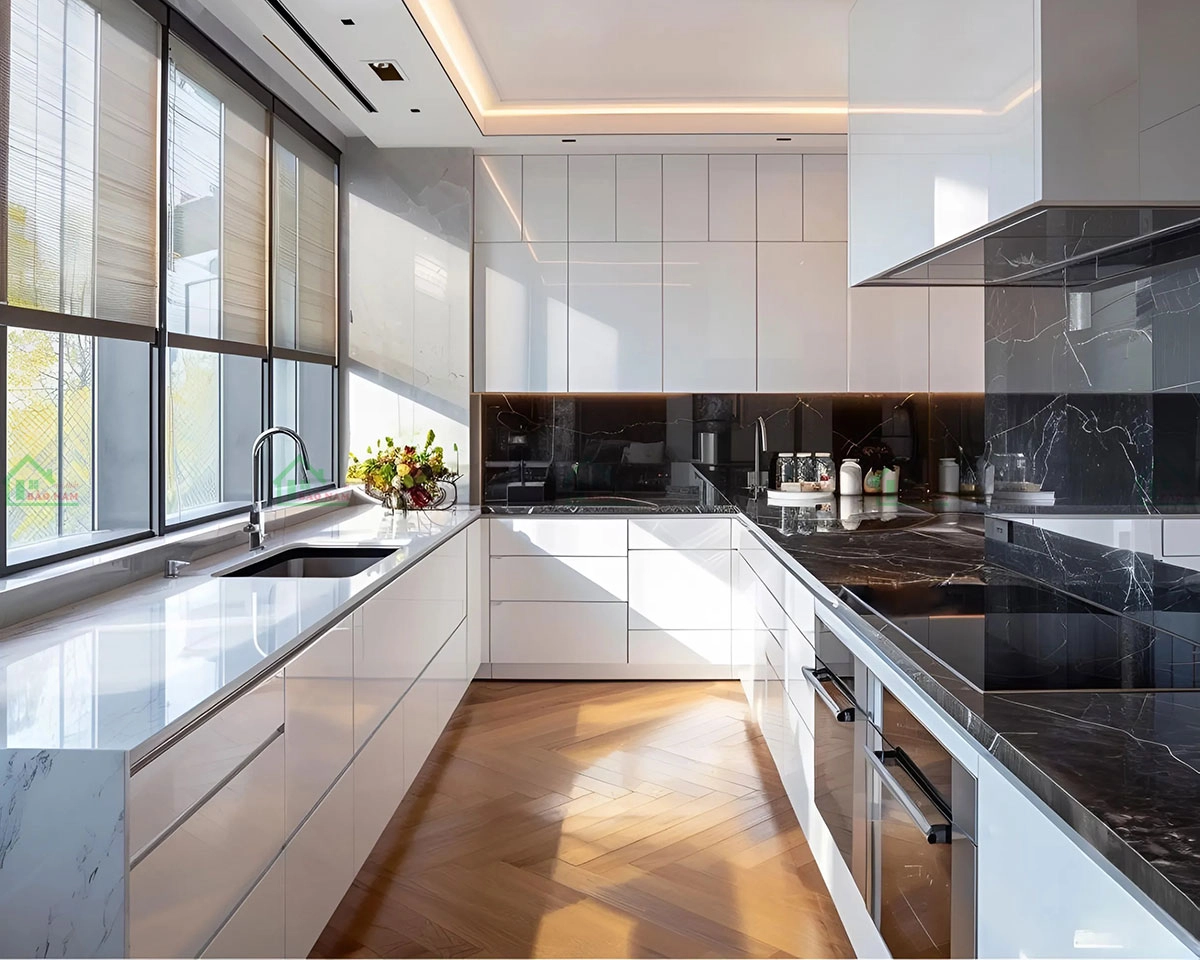 Tủ bếp acrylic màu trắng tinh khôi, mang lại cảm giác rộng rãi và sáng sủa cho không gian bếp.