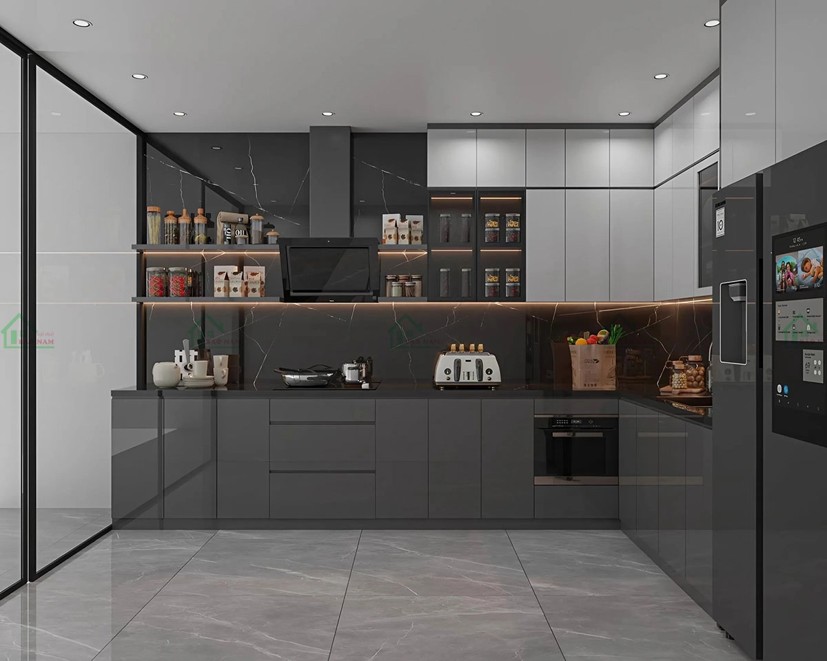 Tủ bếp acrylic màu xám lạnh, mang đến vẻ đẹp sang trọng và hiện đại.
