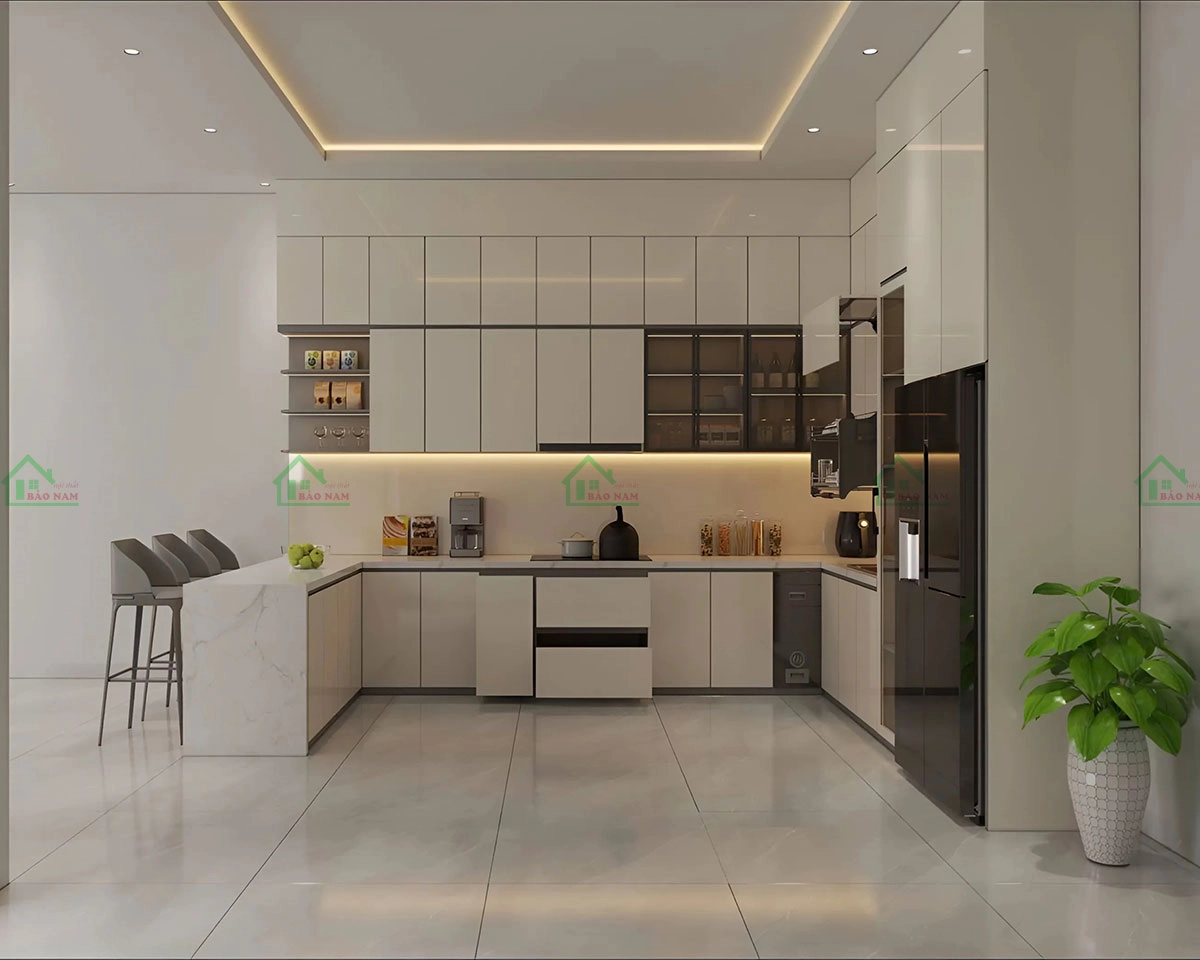 Tủ bếp màu be sáng kết hợp với hệ thống đèn chiếu sáng, làm nổi bật vẻ đẹp của chất liệu acrylic.