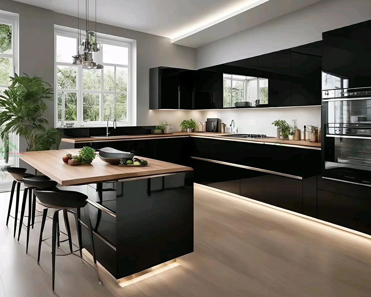 Tủ bếp acrylic màu đen, mang đến vẻ đẹp huyền bí và sang trọng cho không gian bếp.