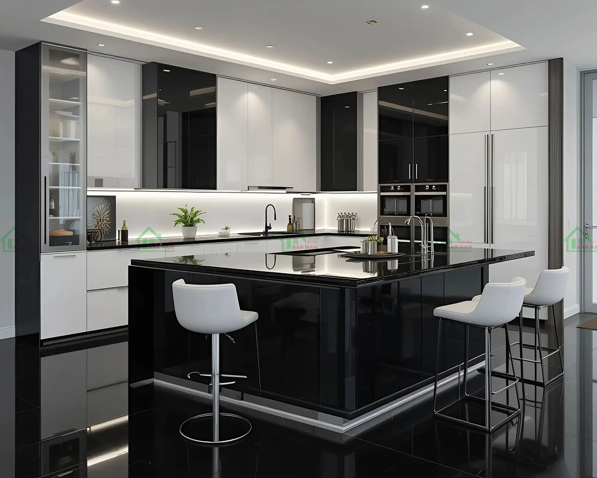 Tủ bếp acrylic màu trắng phối đen, tạo sự tương phản mạnh mẽ và ấn tượng.