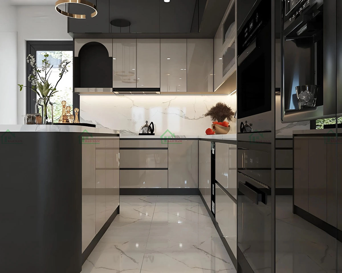 Tủ bếp acrylic be đậm phối xám đen, mang đến vẻ đẹp hiện đại và sang trọng cho không gian bếp.
