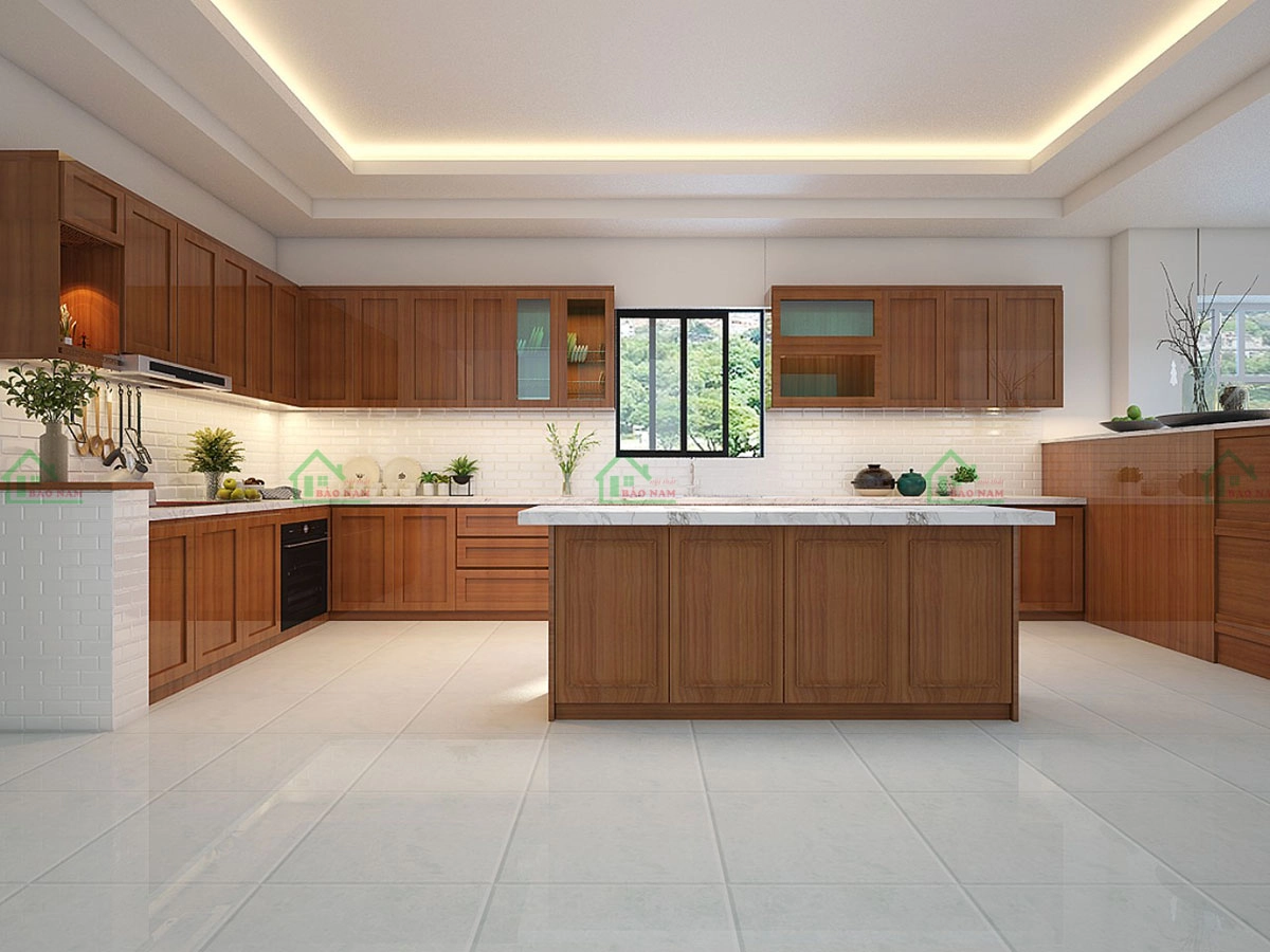 Mẫu tủ bếp gỗ tự nhiên đẹp, phù hợp với không gian hiện đại và sang trọng