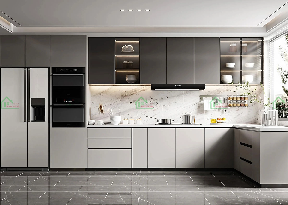 Không gian bếp hiện đại với tủ bếp gỗ MDF, thiết  kế hài hòa và thẩm mỹ