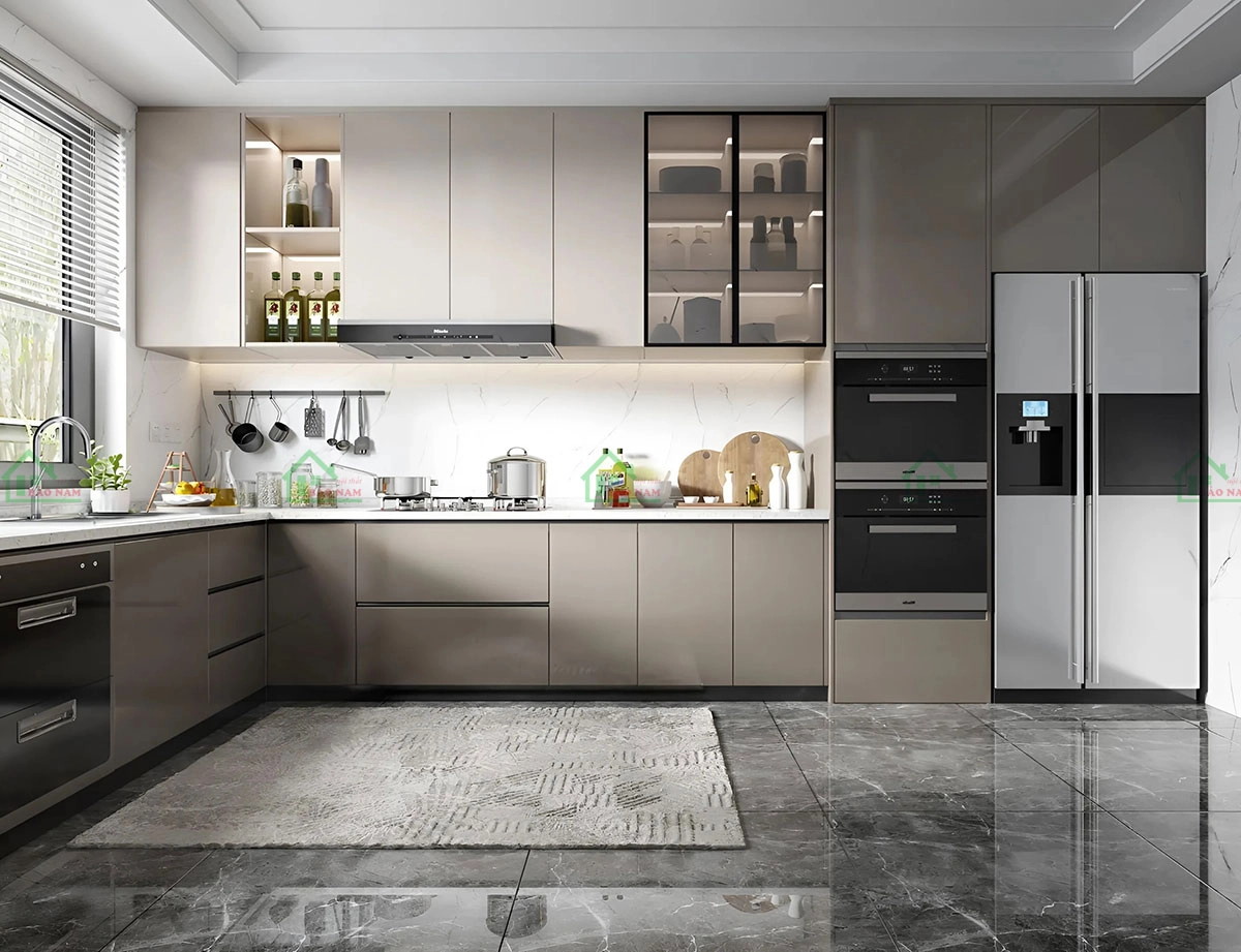 Mẫu tủ bếp gỗ MDF theo xu hướng tối giản và hiện đại