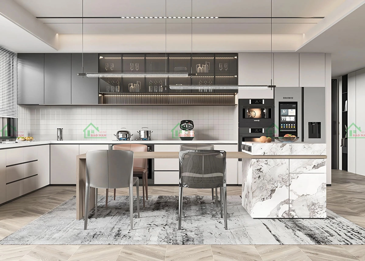 Thiết kế tủ bếp gỗ MDF hiện đại, tạo cảm giác ấm cúng và sang trọng.