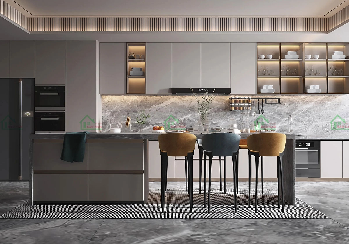 Tủ bếp gỗ MDF với thiết kế tối giản và màu sắc trung tính