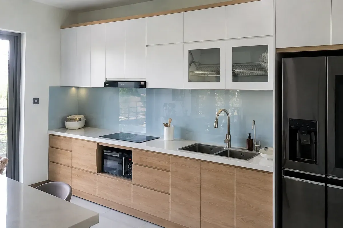 Báo giá tủ bếp trọn gói thường bao gồm tủ trên, tủ dưới, mặt đá, kính bếp và phụ kiện.