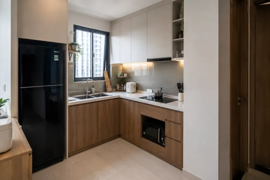 Bếp chữ L tận dụng góc phòng nhưng vẫn giữ khoảng thao tác và lối đi.