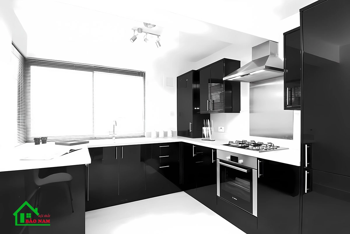 Mẫu nhà bếp tone màu trắng đen tối giản