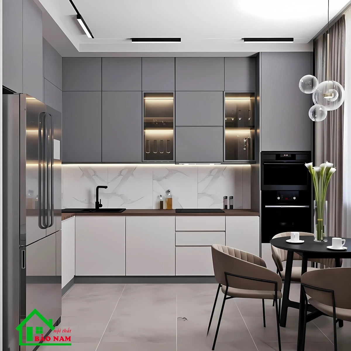 Thiết kế tủ bếp kê sát góc chữ A tận dụng không gian