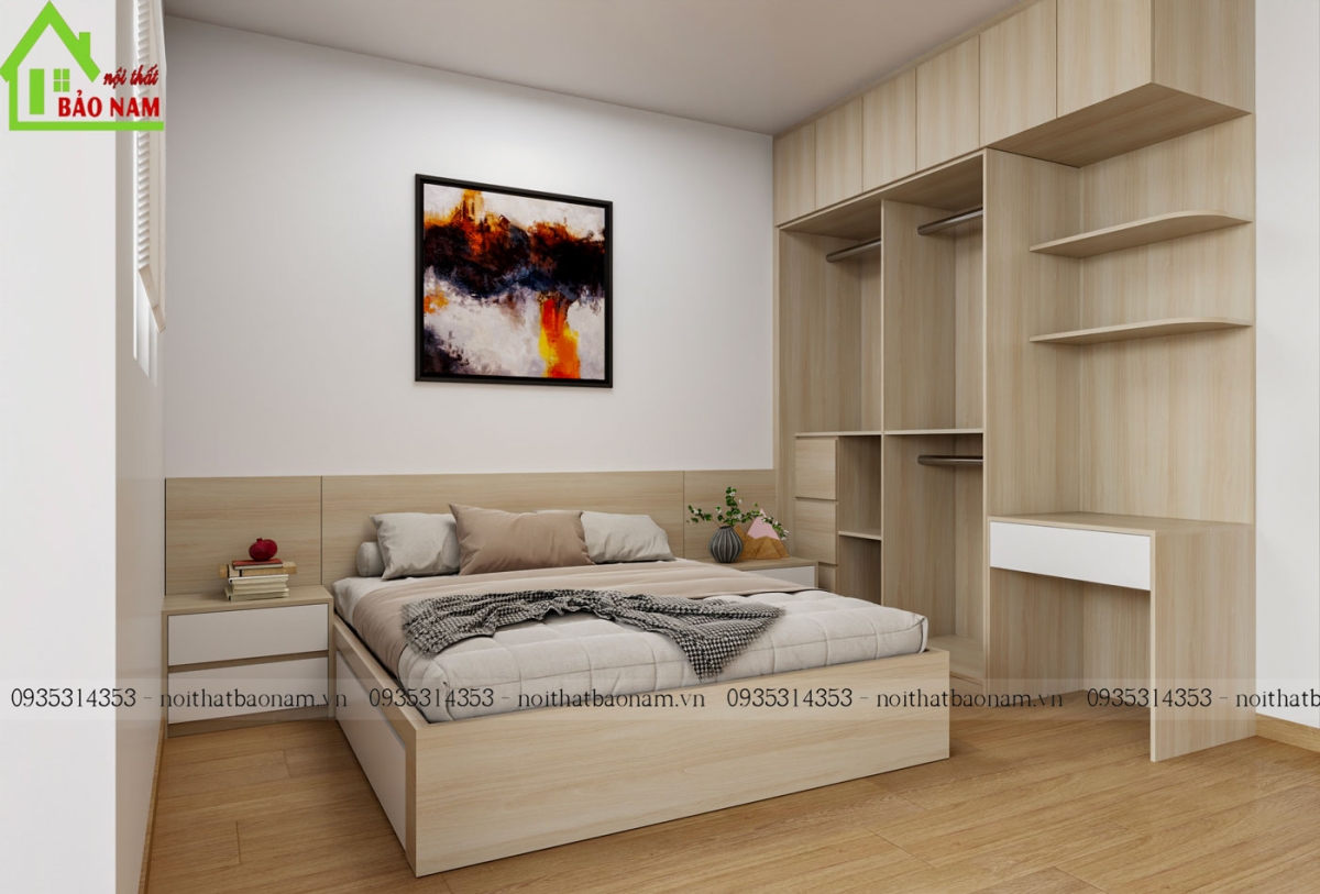 Thiết kế tối giản, hiện đại, sử dụng chất liệu gỗ công nghiệp cao cấp, mang lại vẻ đẹp sang trọng và tối ưu không gian.