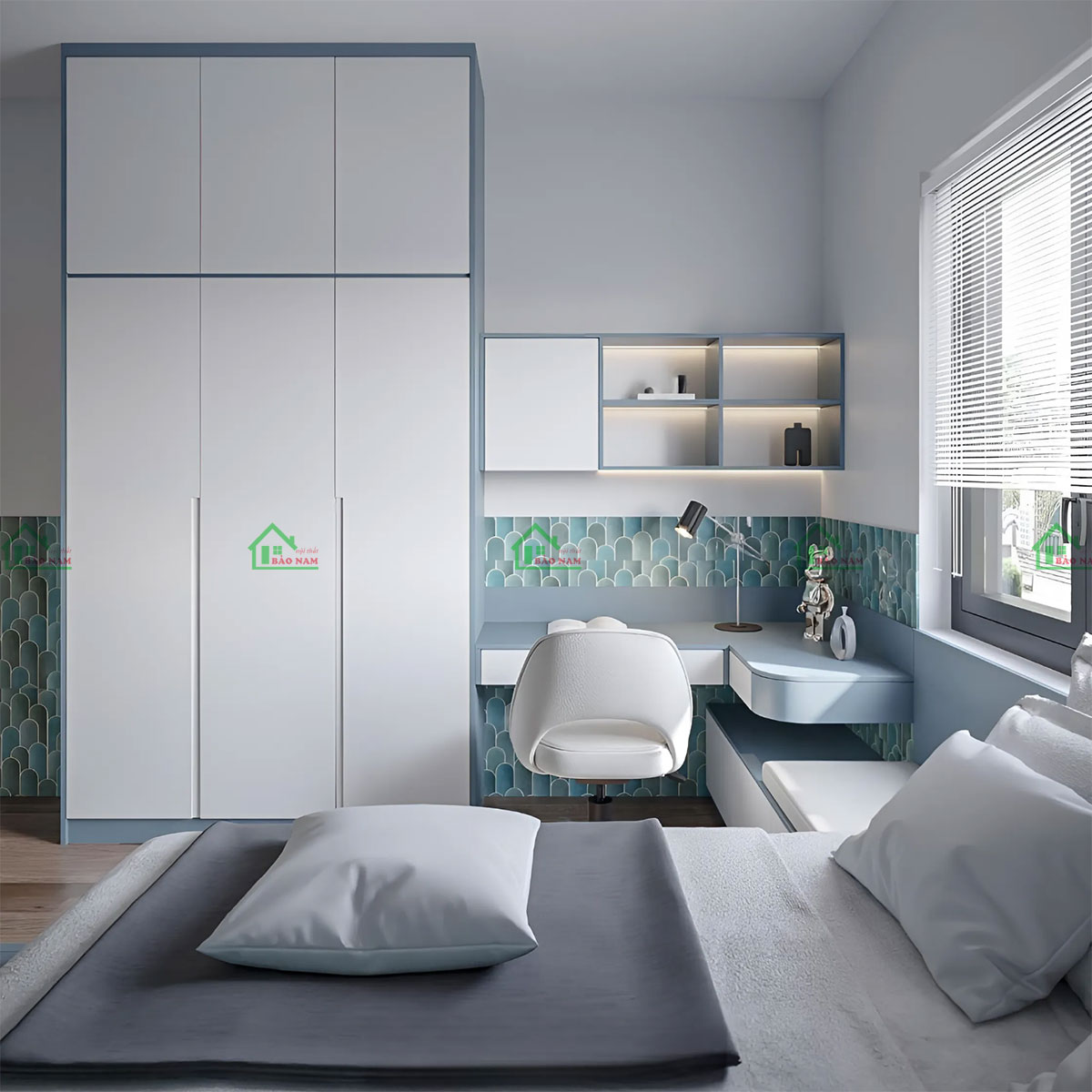 Góc bàn làm việc kết hợp với ghế ngồi tạo điều kiện thuận lợi cho hoạt động học tập và sáng tạo của trẻ.