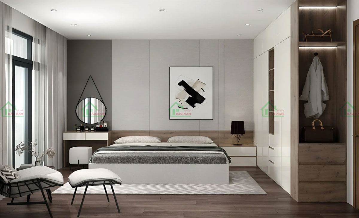 Không gian phòng ngủ PN46 mang phong cách thiết kế hiện đại với sự kết hợp hài hòa giữa các tông màu trung tính như xám, trắng và gỗ.