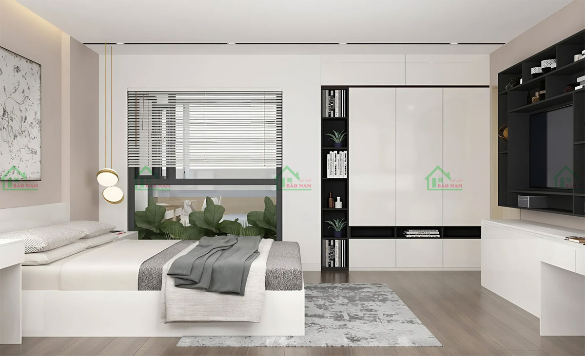 Bộ tủ quần áo rộng rãi, kết hợp với các ngăn kéo, giá sách tạo nên một không gian lưu trữ đồ đạc gọn gàng.