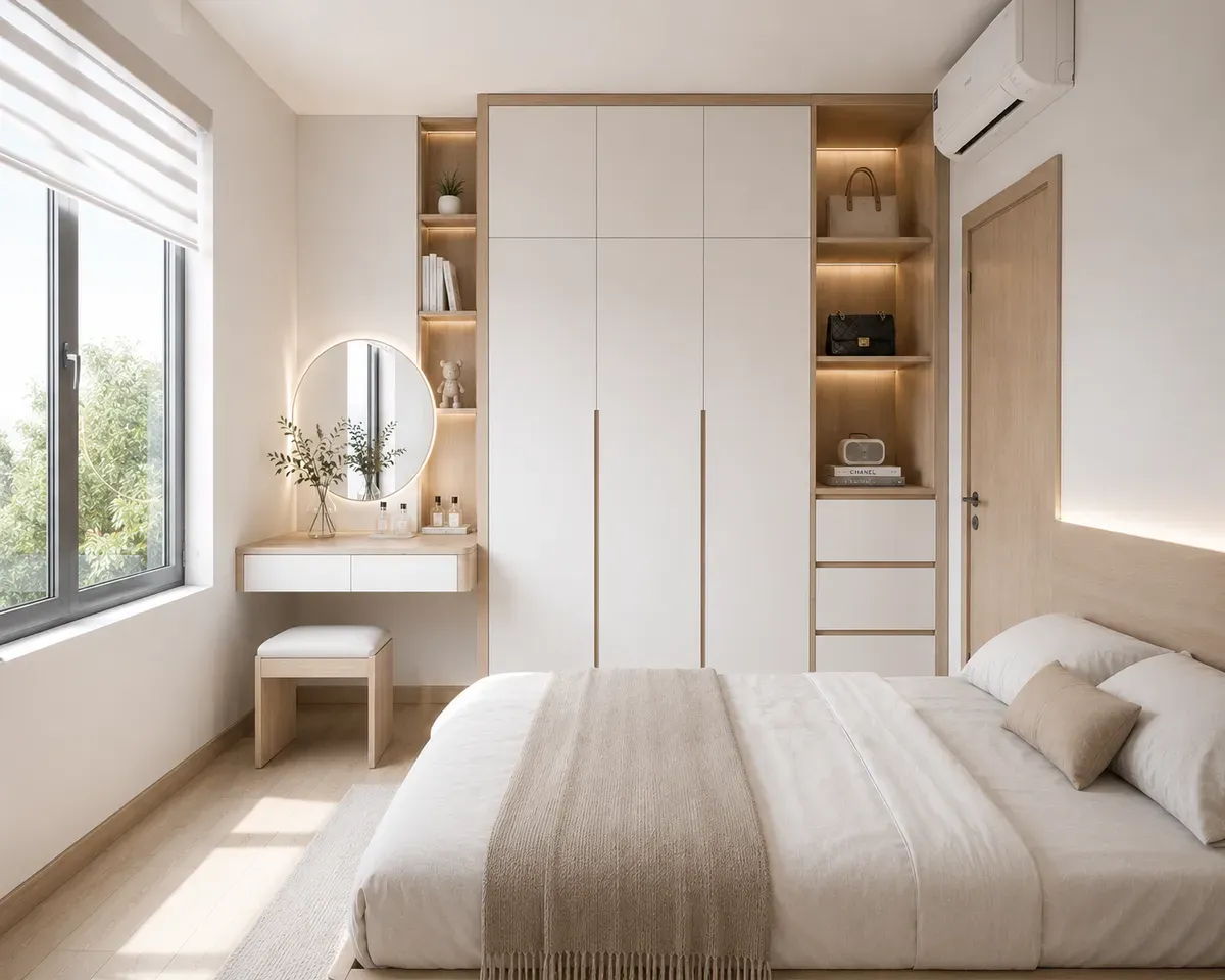 Bố trí bàn trang điểm hợp lý giúp tối ưu diện tích và tăng tính thẩm mỹ cho phòng ngủ