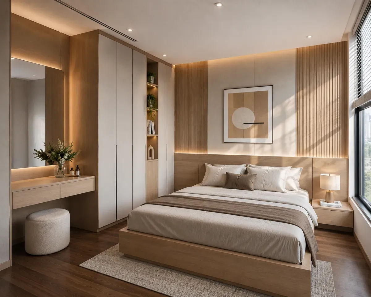 Bàn trang điểm treo tường kết hợp tủ quần áo tạo không gian đồng bộ và tiện nghi.