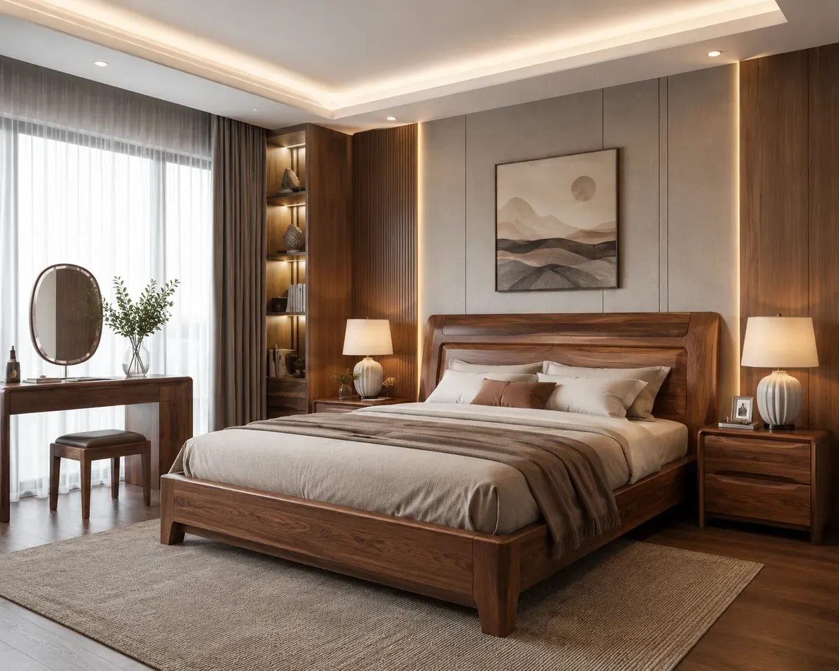 Bố trí giường ngủ hợp lý giúp tối ưu diện tích và tăng tính thẩm mỹ cho phòng ngủ