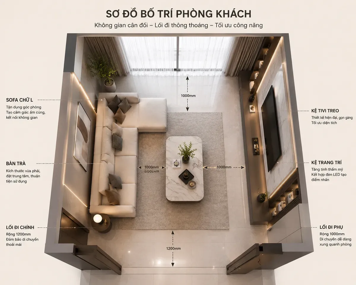 Bố trí nội thất phòng khách hợp lý giúp tối ưu diện tích và công năng sử dụng