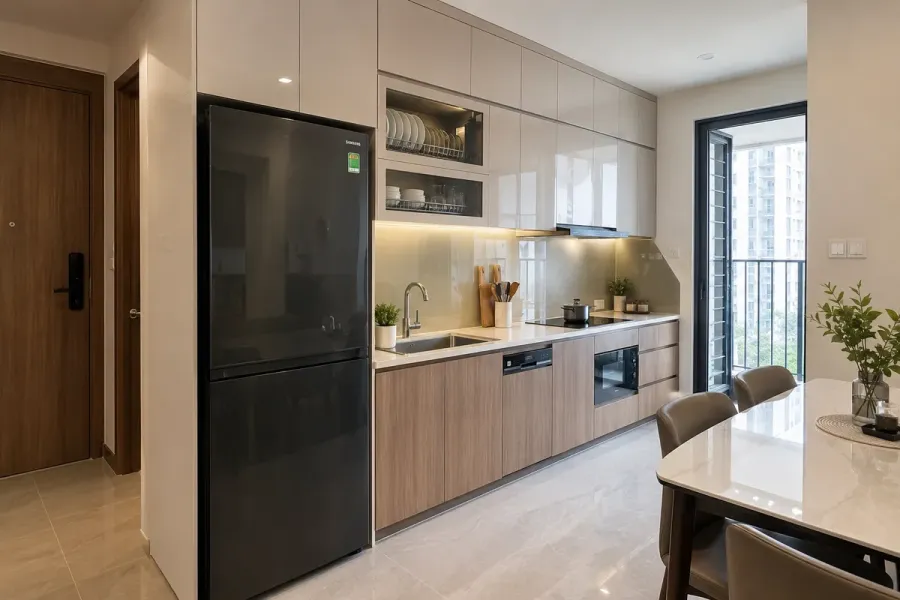 Một mặt bằng bếp nhỏ có thể được tối ưu bằng cách phân khu chức năng hợp lý.