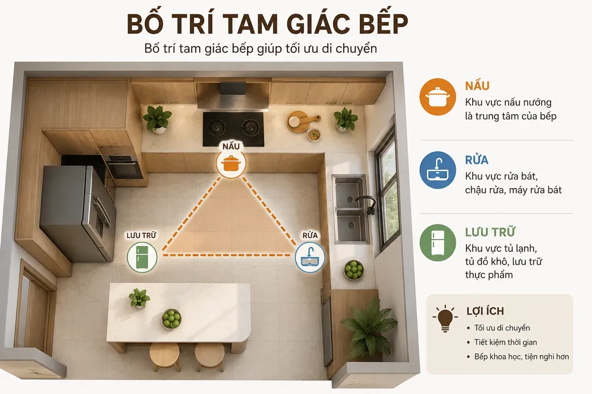 Bố trí tam giác bếp giúp tối ưu di chuyển
