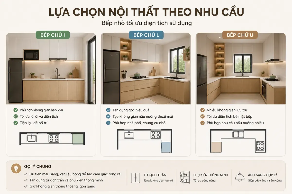 Các kiểu bố trí bếp phổ biến theo diện tích và nhu cầu sử dụng
