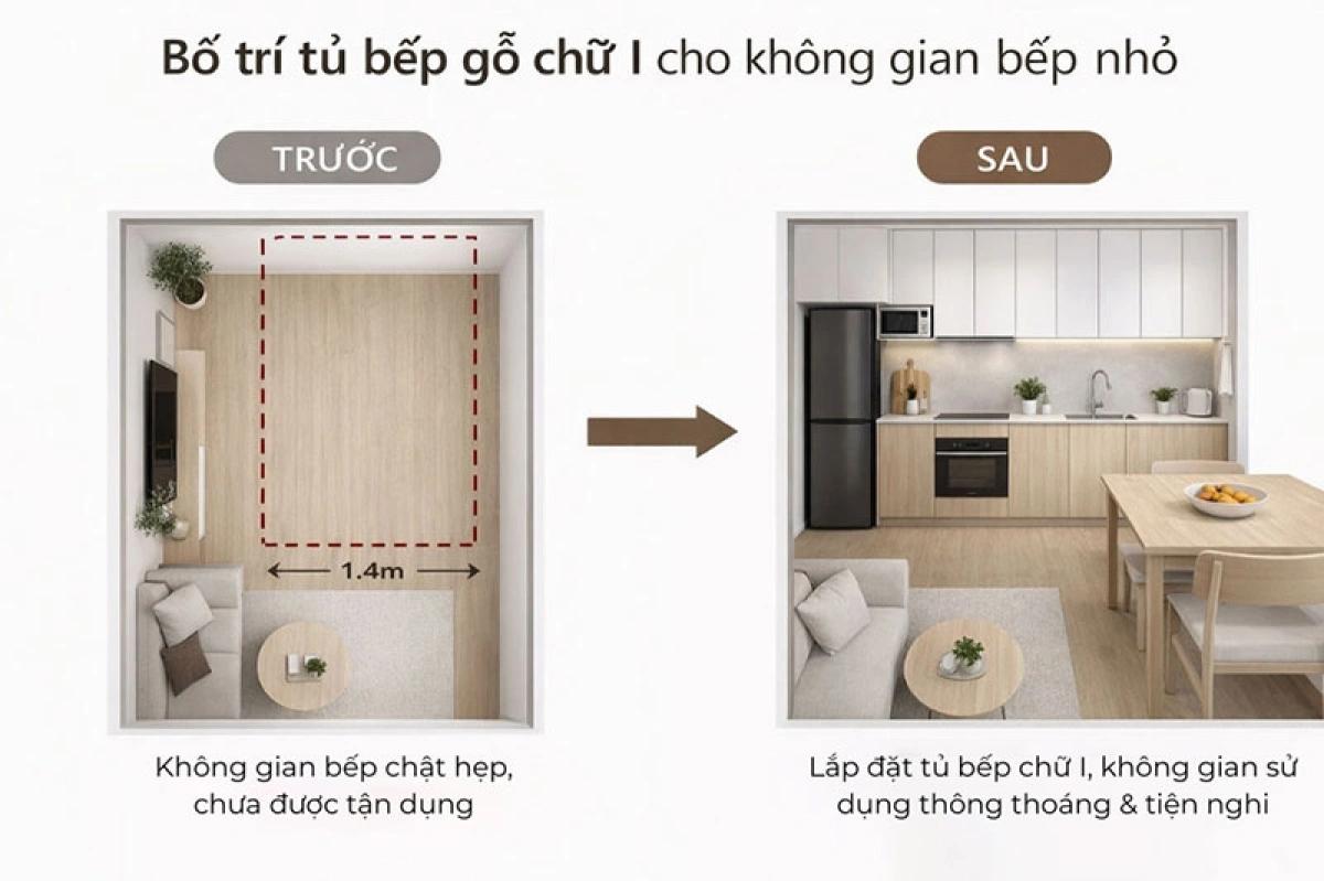 Bố trí tủ bếp gỗ chữ I cho không gian bếp nhỏ