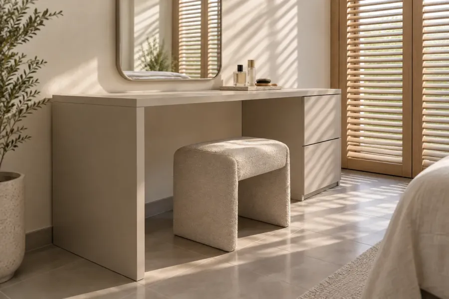 Ngăn chứa được gom về một phía, phần còn lại dành cho khoảng ngồi và thao tác hằng ngày.