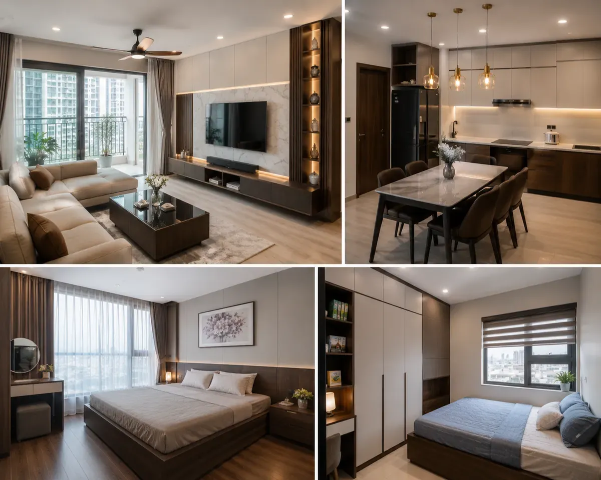 Không gian căn hộ 2 phòng ngủ với đầy đủ các hạng mục nội thất như phòng khách, bếp và phòng ngủ.
