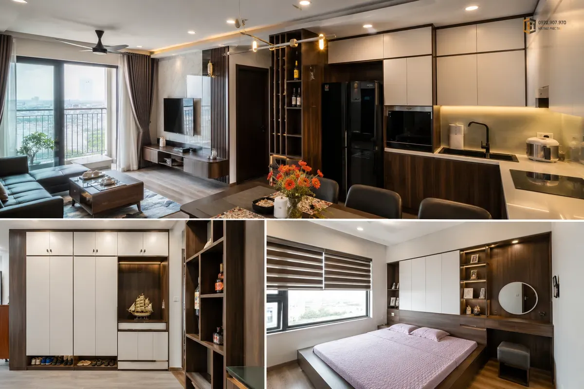 Các hạng mục nội thất chính gồm phòng khách, tủ bếp và phòng ngủ trong căn hộ 70m².