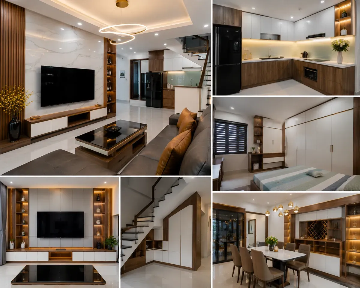 Các hạng mục nội thất phổ biến trong nhà phố gồm phòng khách, bếp, phòng ngủ và khu vực cầu thang.