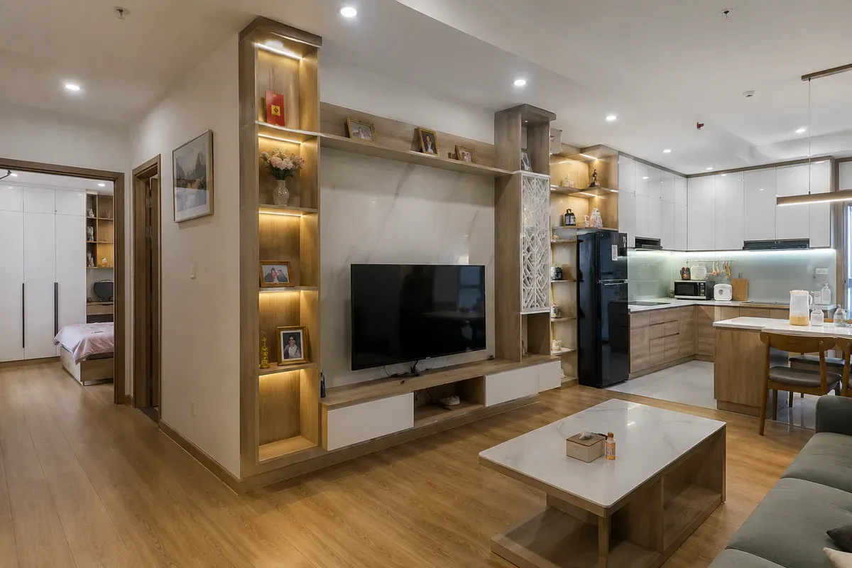 Các hạng mục nội thất được thi công đồng bộ trong căn hộ 2PN.