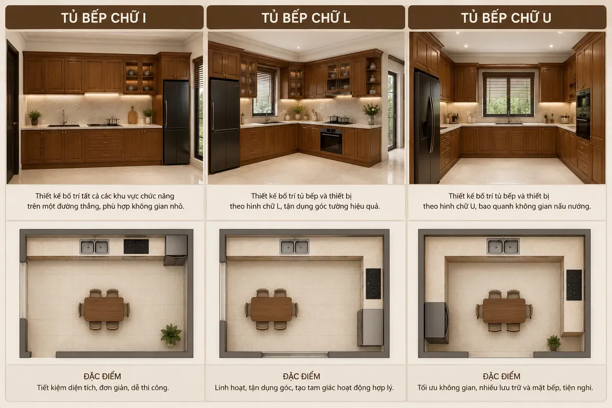 Tủ bếp chữ I, chữ L và chữ U phù hợp với từng diện tích không gian khác nhau