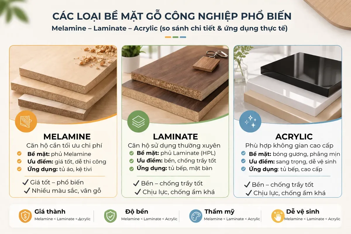Các loại bề mặt gỗ công nghiệp Melamine Laminate Acrylic