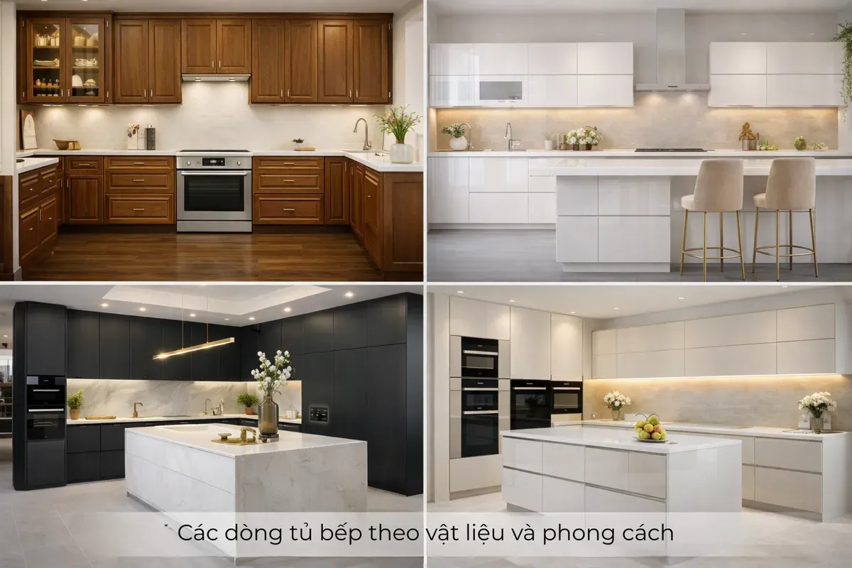 Các dòng tủ bếp theo vật liệu và phong cách