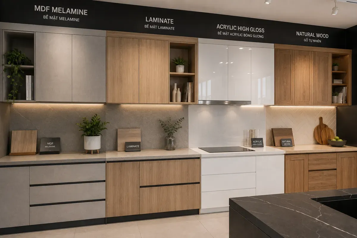 So sánh các vật liệu tủ bếp phổ biến như MDF chống ẩm, Laminate, Acrylic và gỗ tự nhiên.