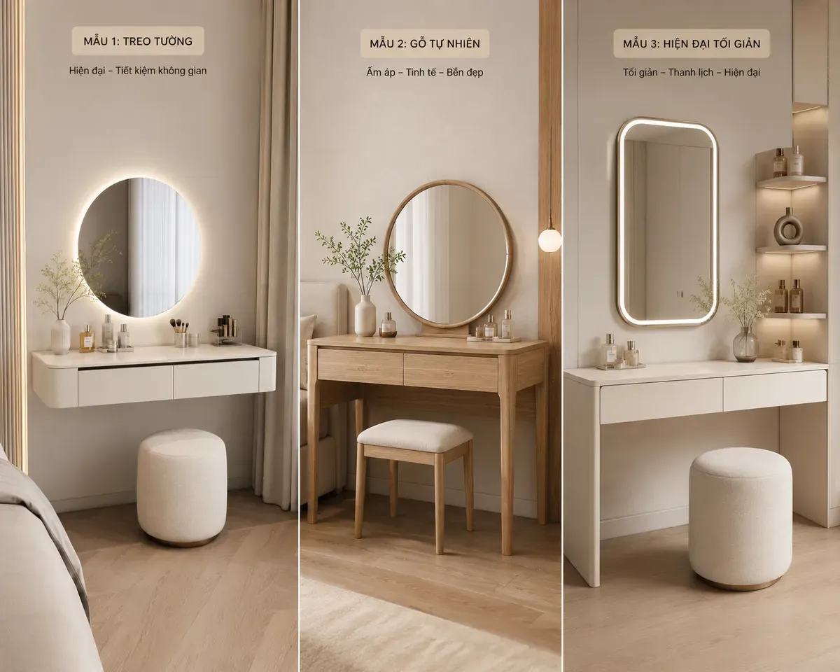 So sánh các mẫu bàn trang điểm treo tường, gỗ tự nhiên và hiện đại tối giản được nhiều gia đình lựa chọn hiện nay.