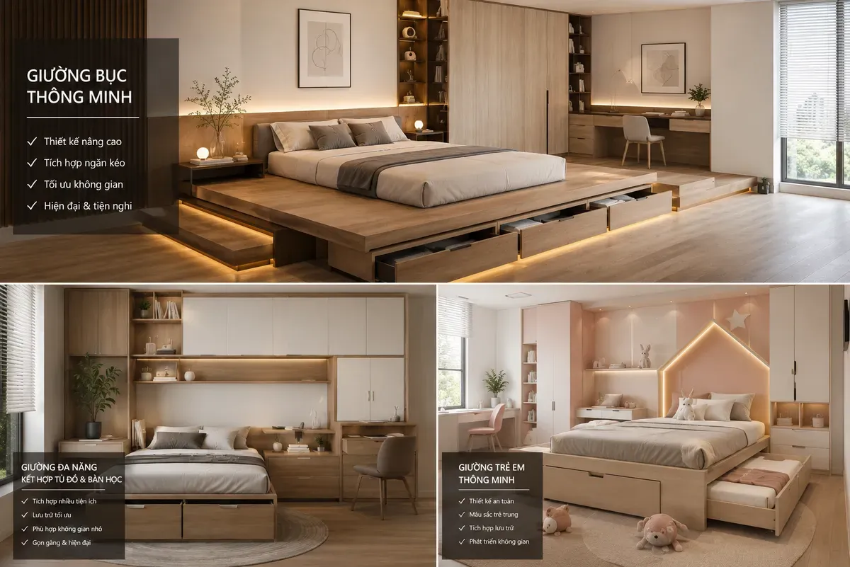 Tổng hợp các mẫu giường giật cấp hiện đại gồm giường có ngăn kéo, giường kết hợp tủ và thiết kế đa năng phù hợp nhiều không gian.