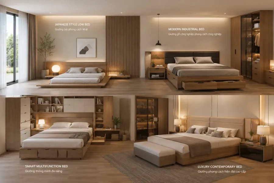 Tổng hợp các mẫu giường ngủ đẹp hiện đại gồm giường kiểu Nhật, giường bệt, giường có ngăn kéo và giường thông minh phù hợp nhiều không gian.