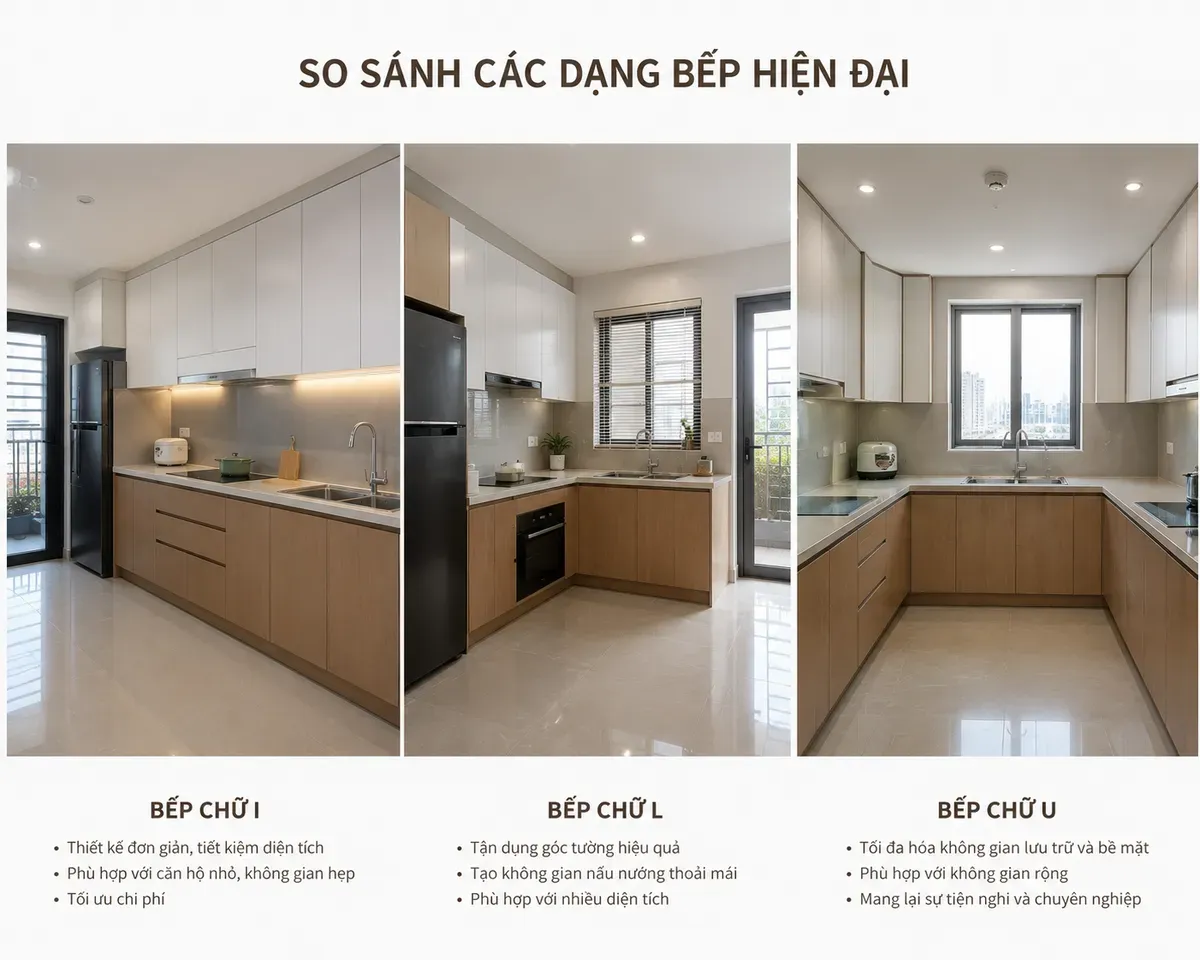 Các mẫu tủ bếp MDF chữ I, chữ L và chữ U được ứng dụng phổ biến hiện nay.