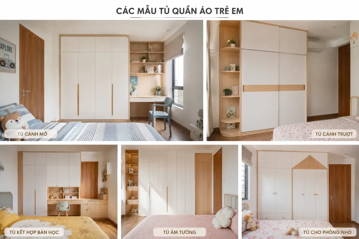Tủ cánh mở, tủ cánh lùa và tủ kết hợp bàn học là những lựa chọn phổ biến cho phòng trẻ em.