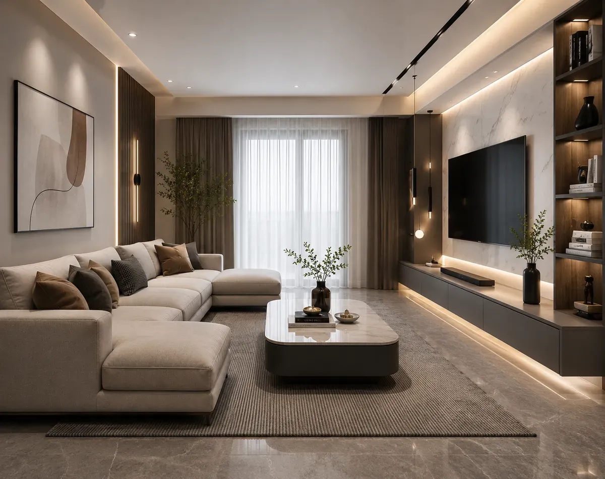Nội thất phòng khách thường gồm sofa, bàn trà và kệ tivi đồng bộ
